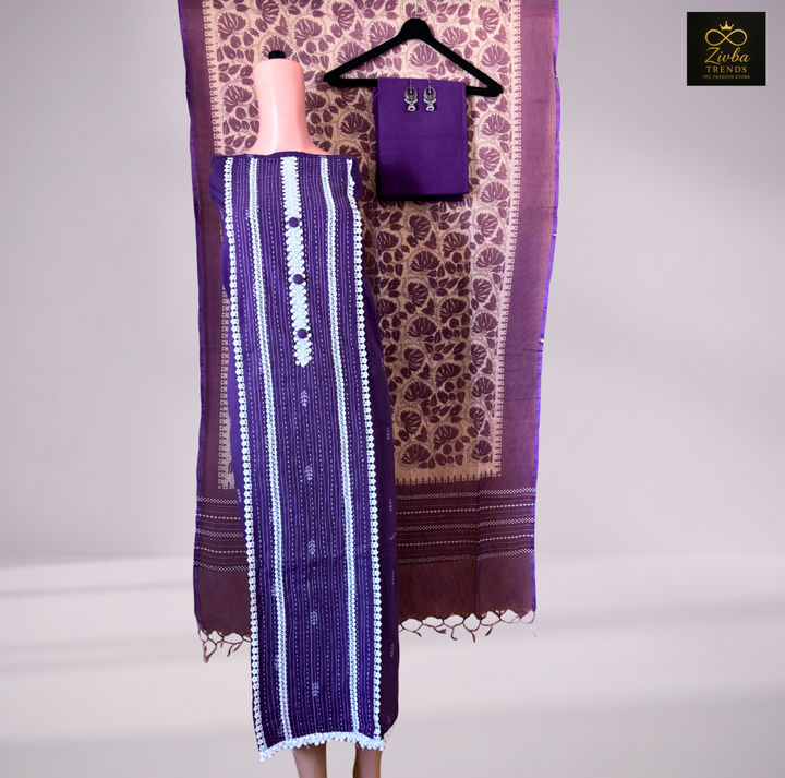 Purple Cotton Weaving Work Unstitched Suit Set