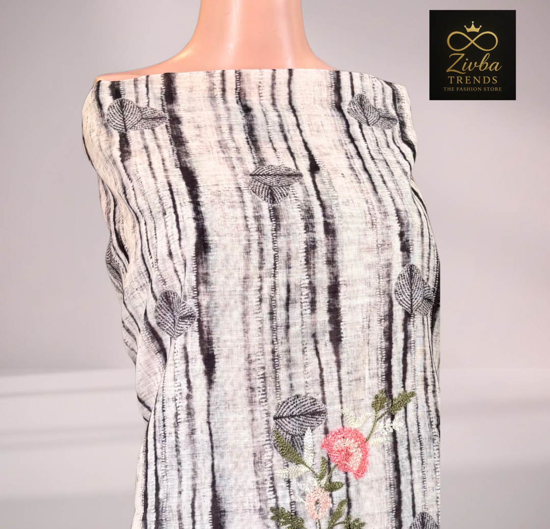 White & Black Embroidered Suit Set with Printed Dupatta