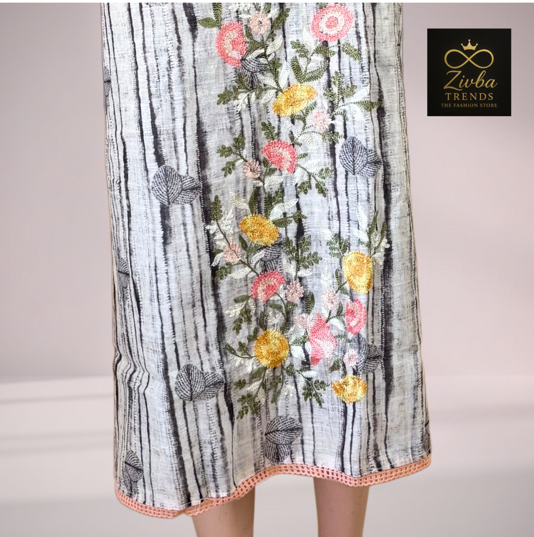 White & Black Embroidered Suit Set with Printed Dupatta