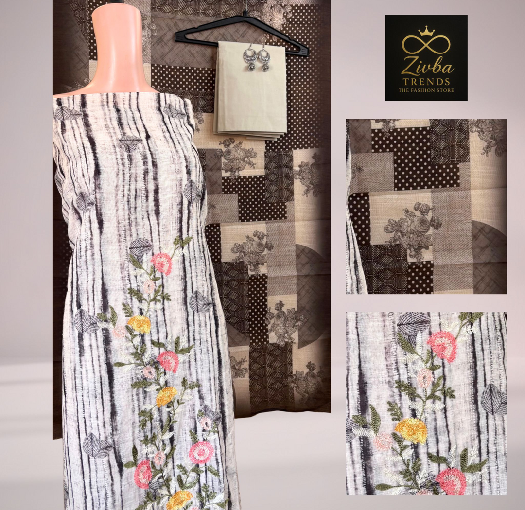 White & Black Embroidered Suit Set with Printed Dupatta
