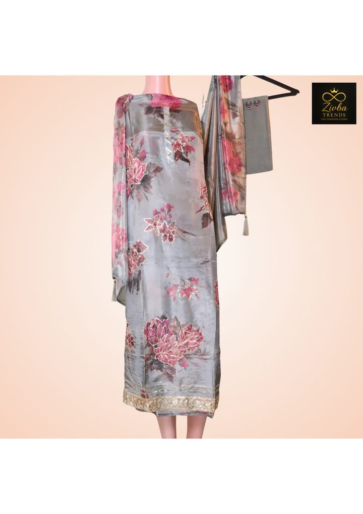 Printed Gray Gota Work Tussle Fabric Suit Set