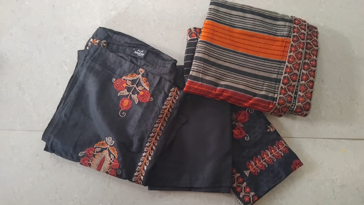 Black Kashmiri Embroidered Semi-Stitched Suit Set