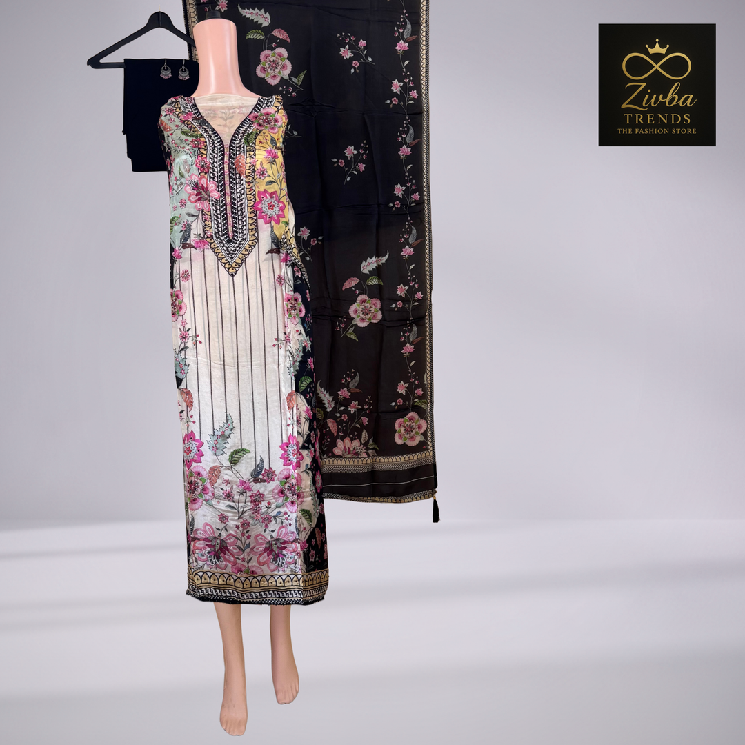 Multi-Colored Floral Printed Suit Set with Handwork Detailing
