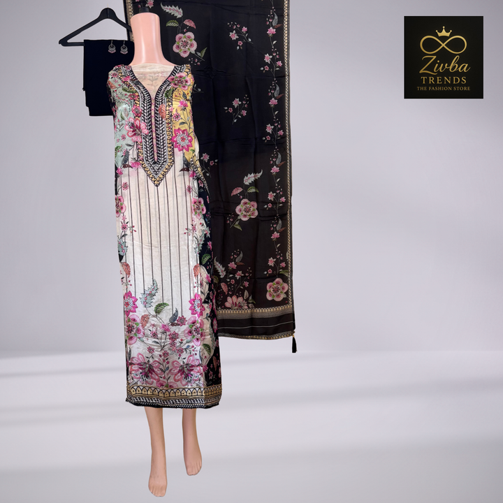 Multi-Colored Floral Printed Suit Set with Handwork Detailing