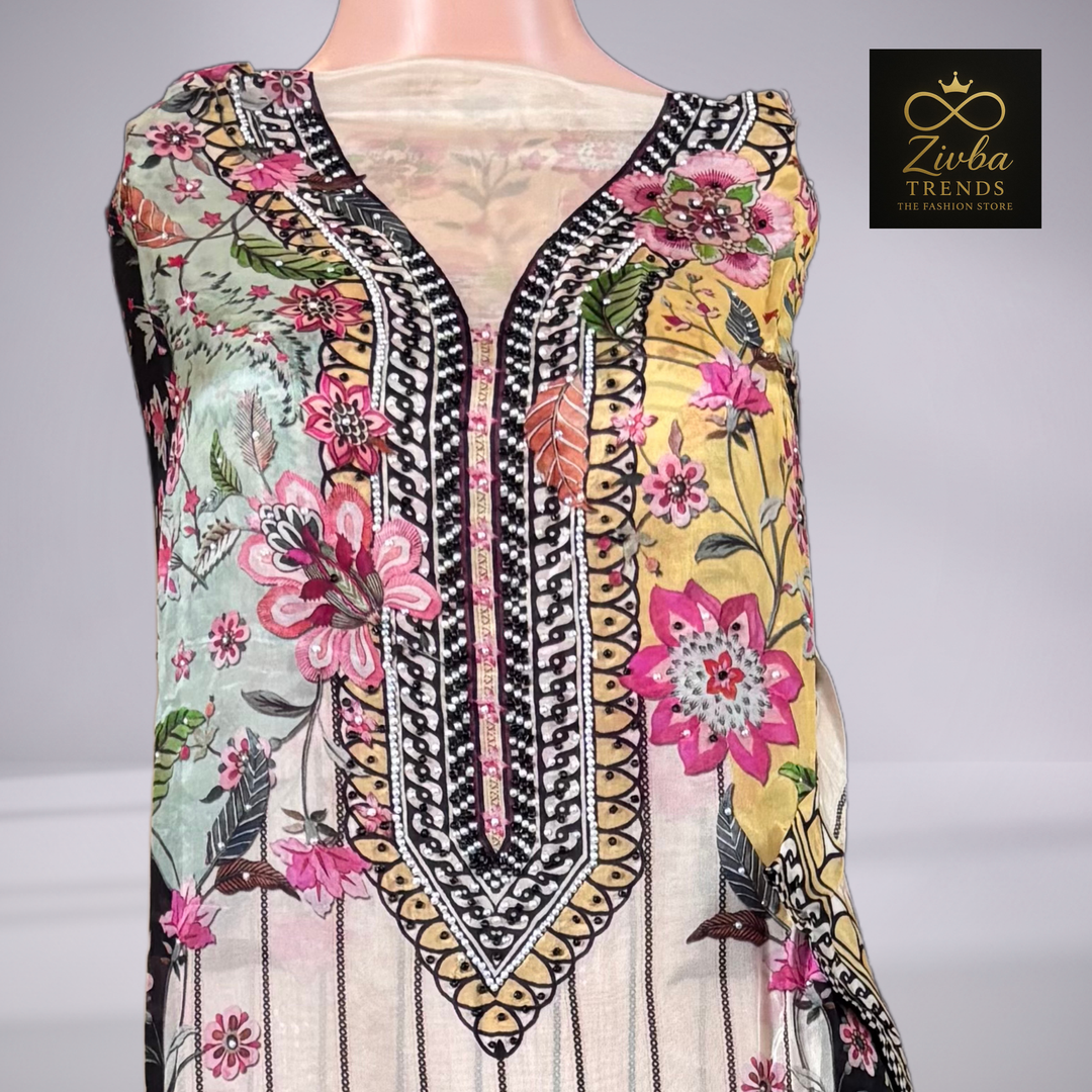 Multi-Colored Floral Printed Suit Set with Handwork Detailing