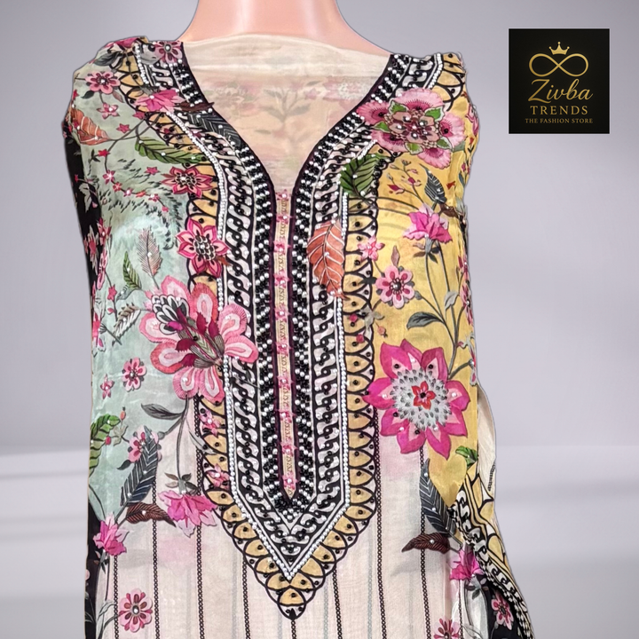 Multi-Colored Floral Printed Suit Set with Handwork Detailing