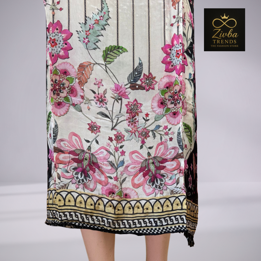 Multi-Colored Floral Printed Suit Set with Handwork Detailing
