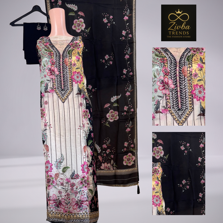 Multi-Colored Floral Printed Suit Set with Handwork Detailing