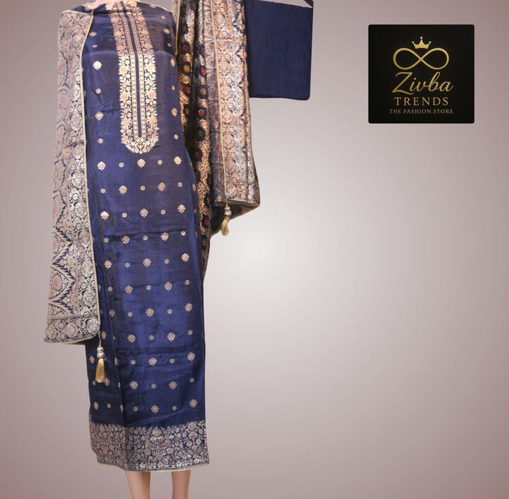 Navy Blue Banarasi Pure Silk Unstitched Suit Set
