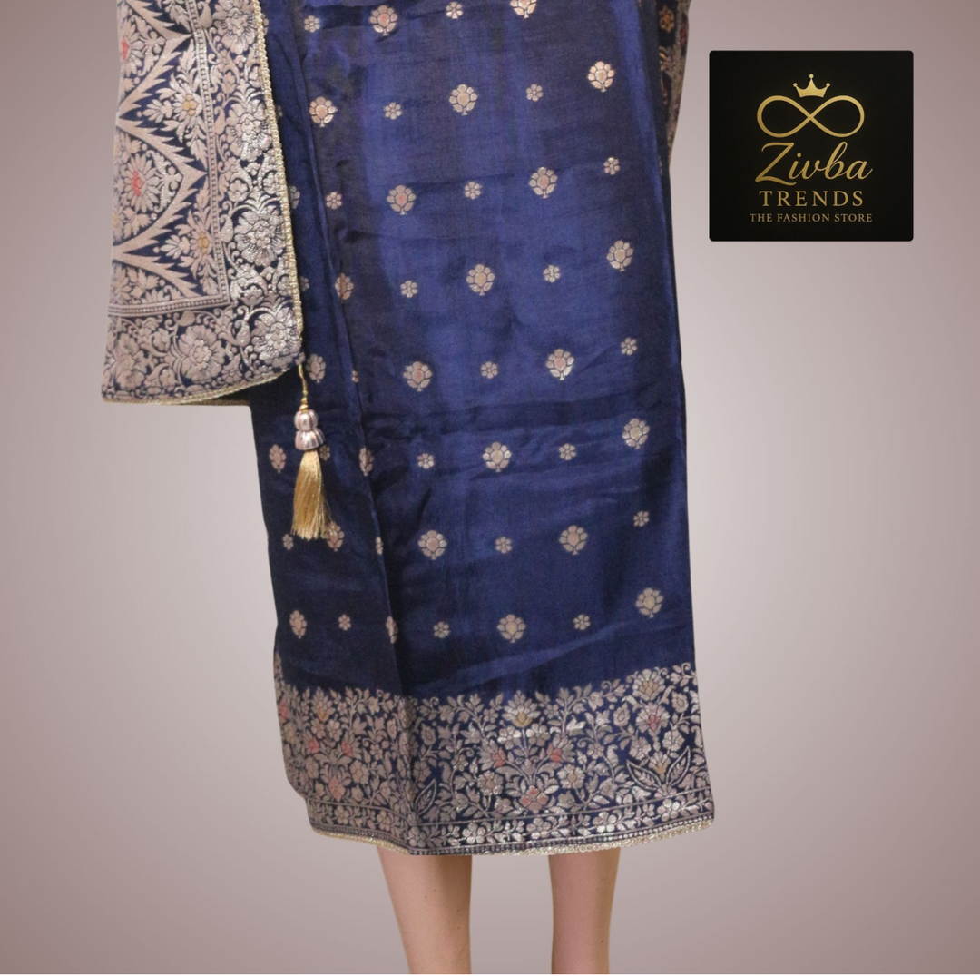 Navy Blue Banarasi Pure Silk Unstitched Suit Set