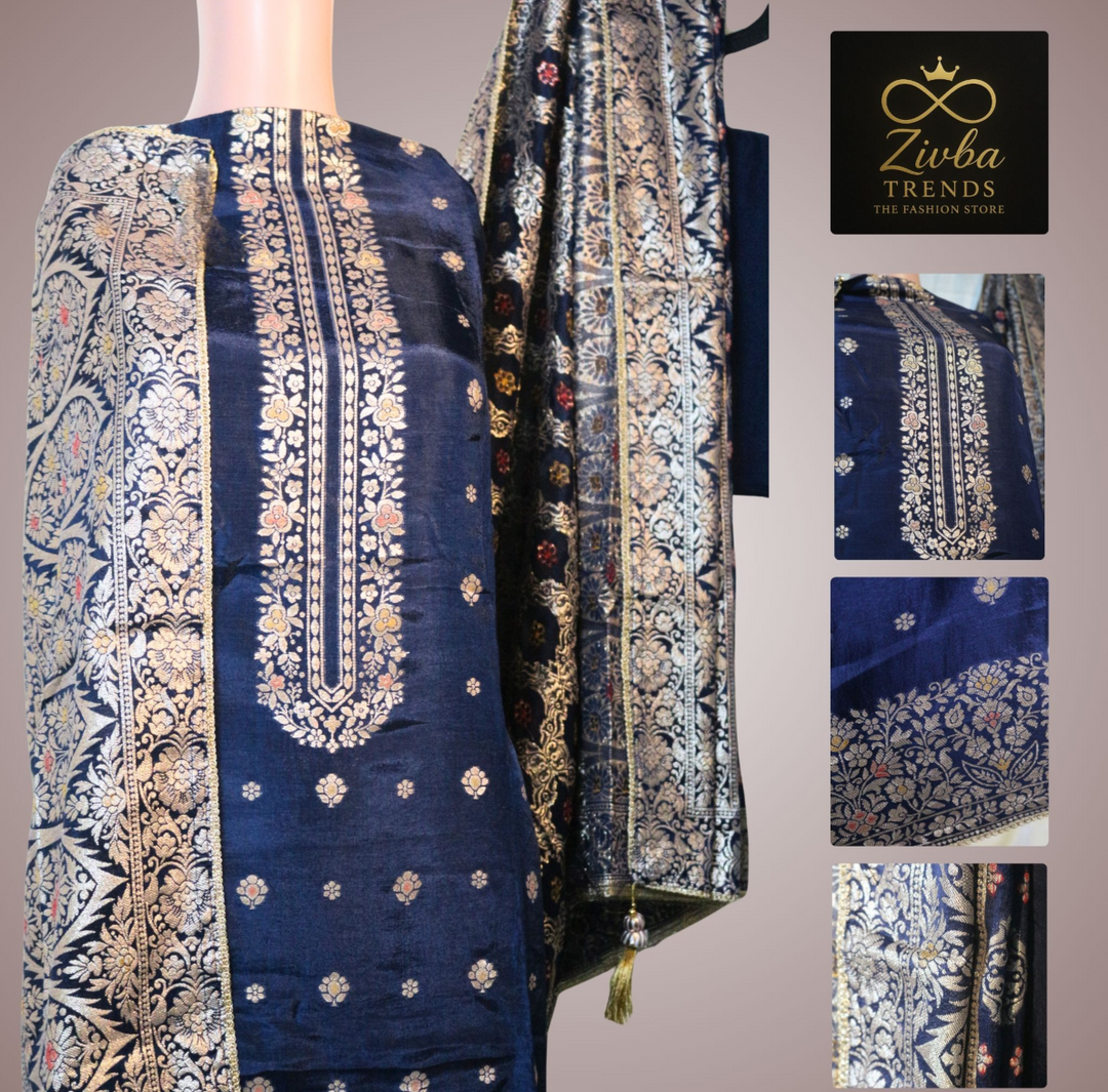 Navy Blue Banarasi Pure Silk Unstitched Suit Set