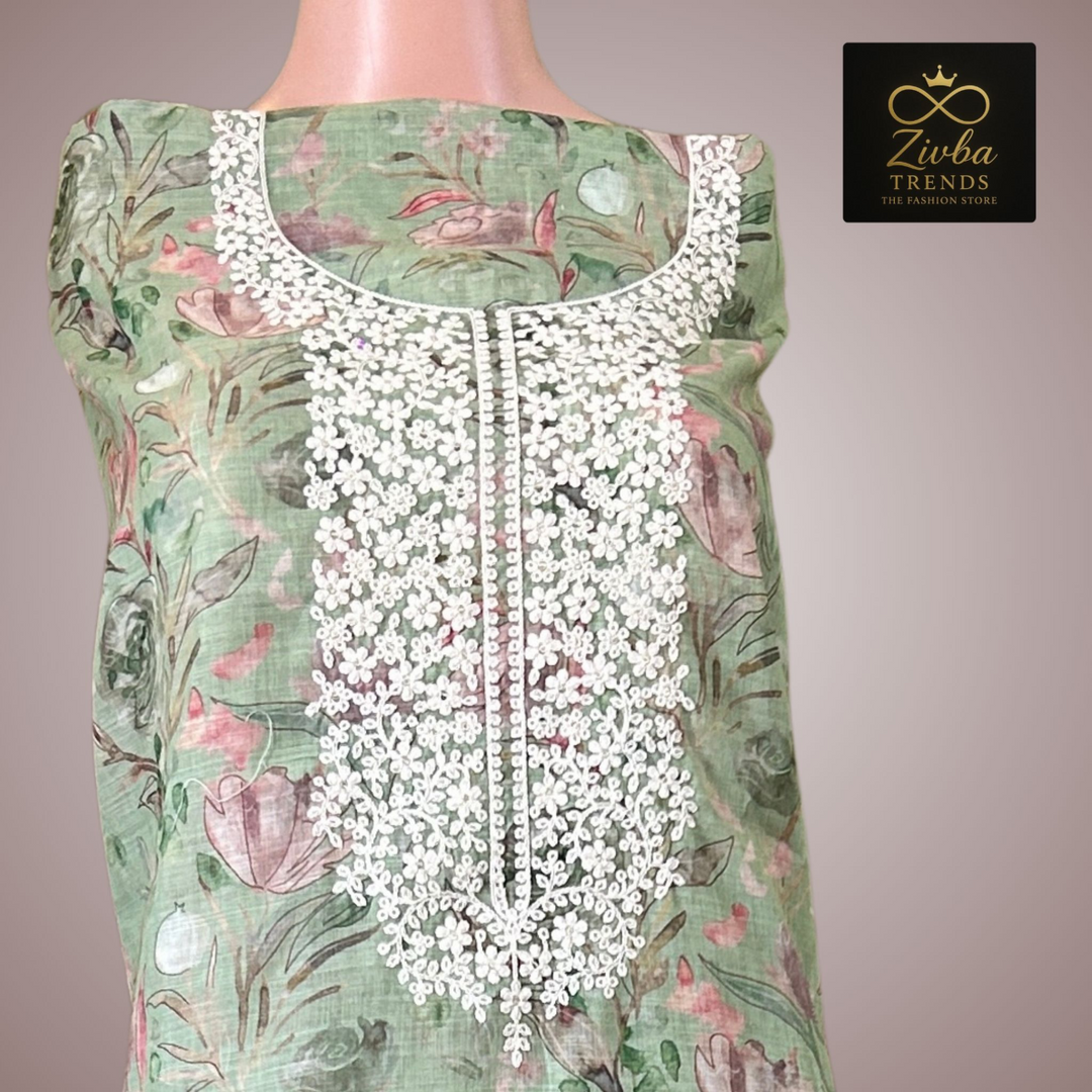 कढ़ाई के काम के साथ पिस्ता लाइट ग्रीन प्रिंटेड सूट सेट