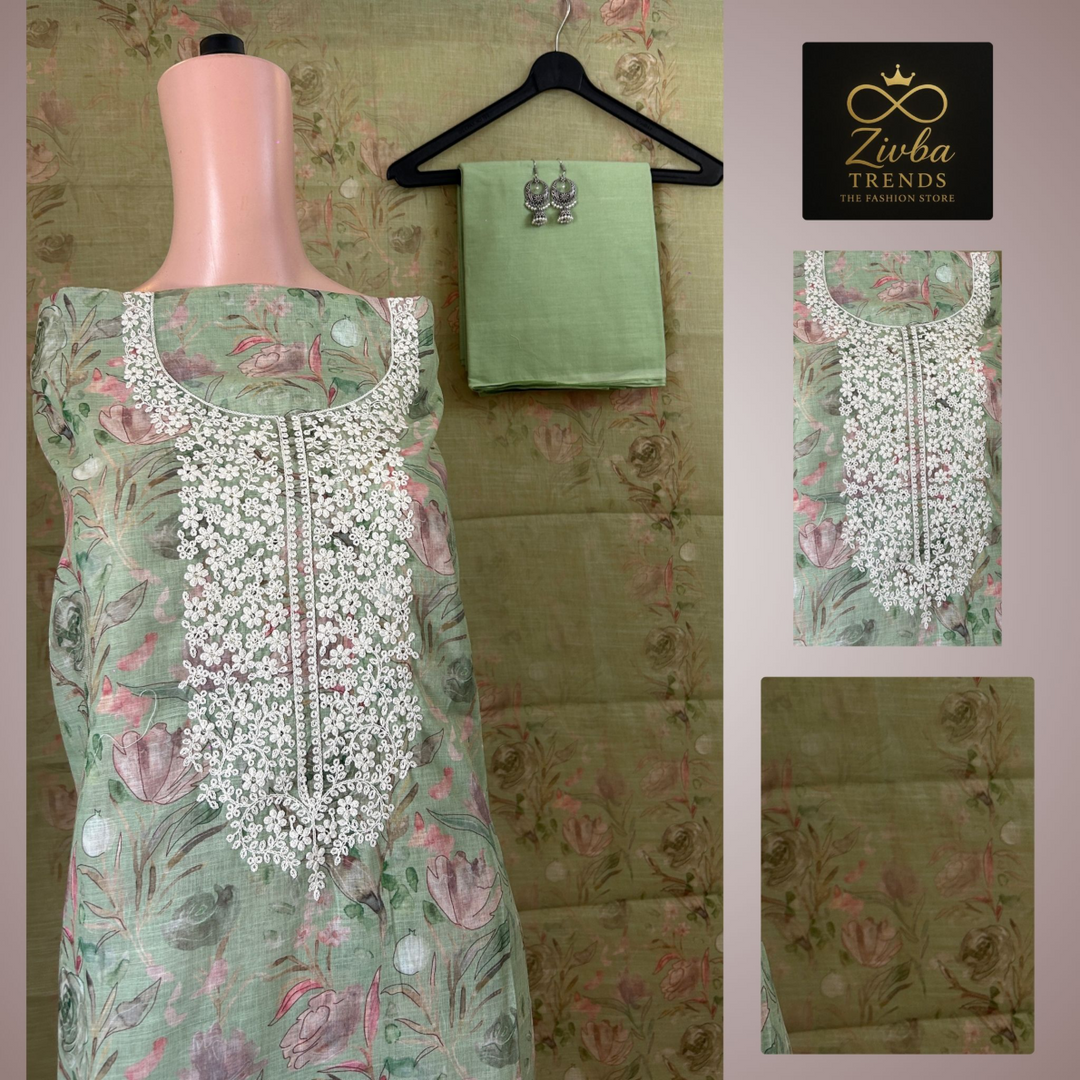 कढ़ाई के काम के साथ पिस्ता लाइट ग्रीन प्रिंटेड सूट सेट