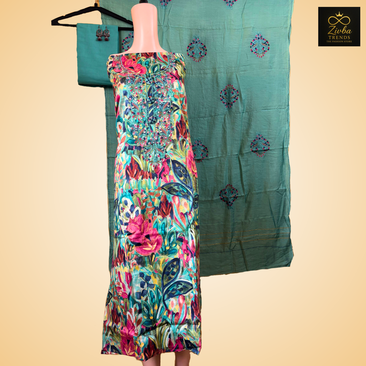 Glass Cotton Floral Print Suit Set – Peacock Green