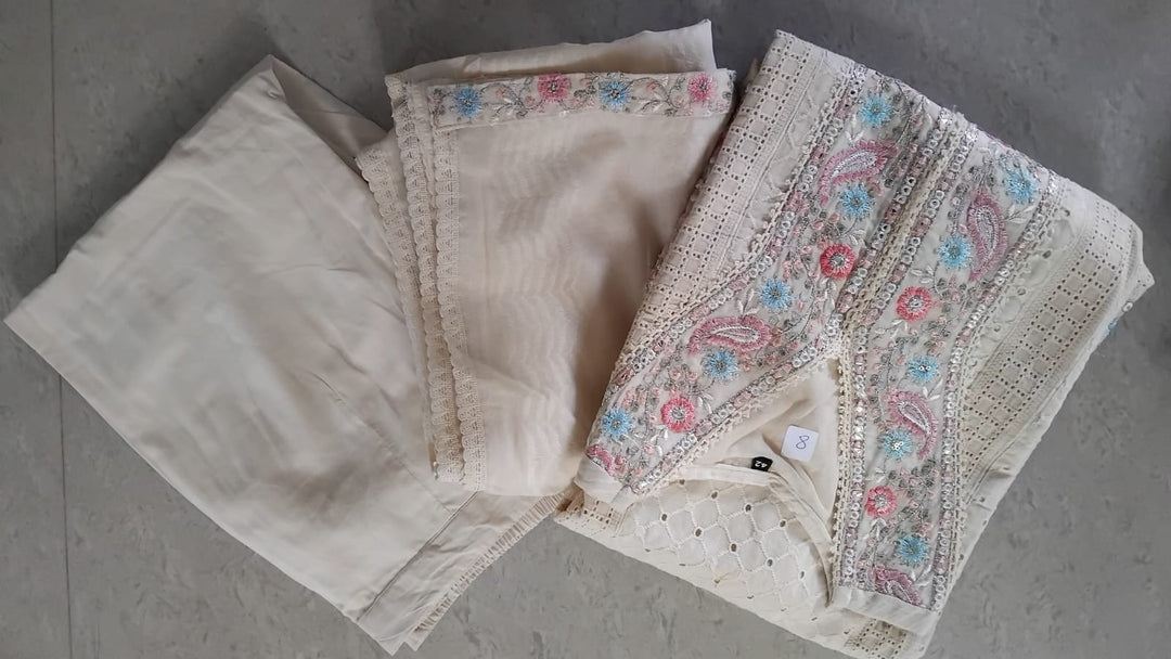 Off White Cotton Chikankari Cutwork Readymade Set
