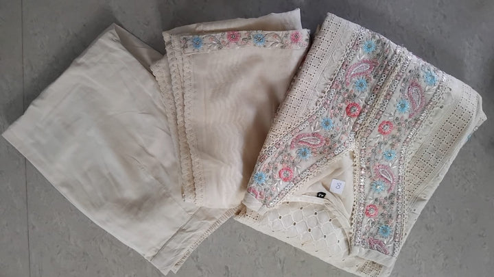 Off White Cotton Chikankari Cutwork Readymade Set