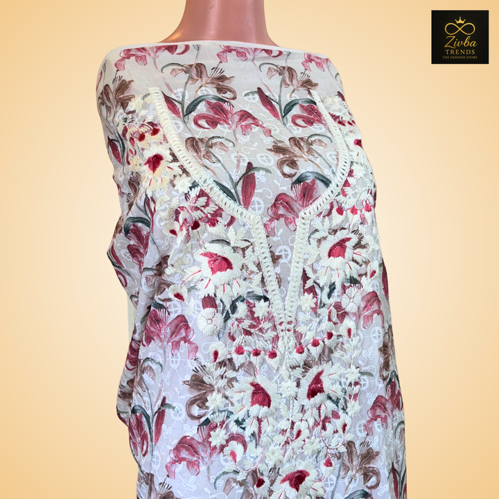 White + Off-White chikankari Work Printed Suit Set