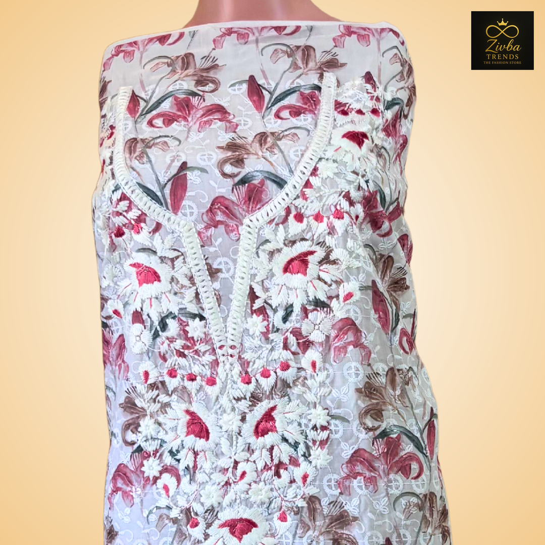 White + Off-White chikankari Work Printed Suit Set
