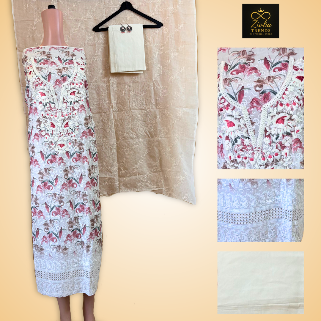 White + Off-White chikankari Work Printed Suit Set