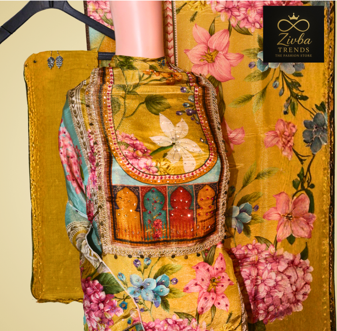 Yellow Floral Printed Semi-Stitched Suit Set with Diamond & Sequence Work