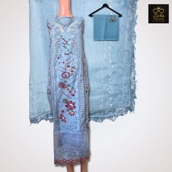 Sky Blue Cut Work Design