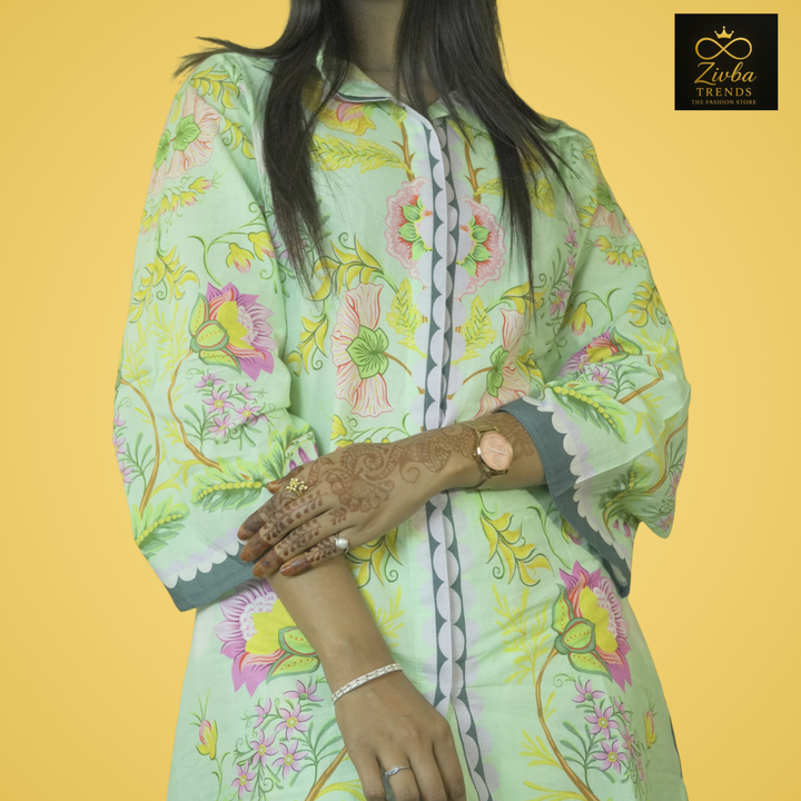 Floral Printed Sea Green Pure Cotton Co-ord Set (Plazzo Style)