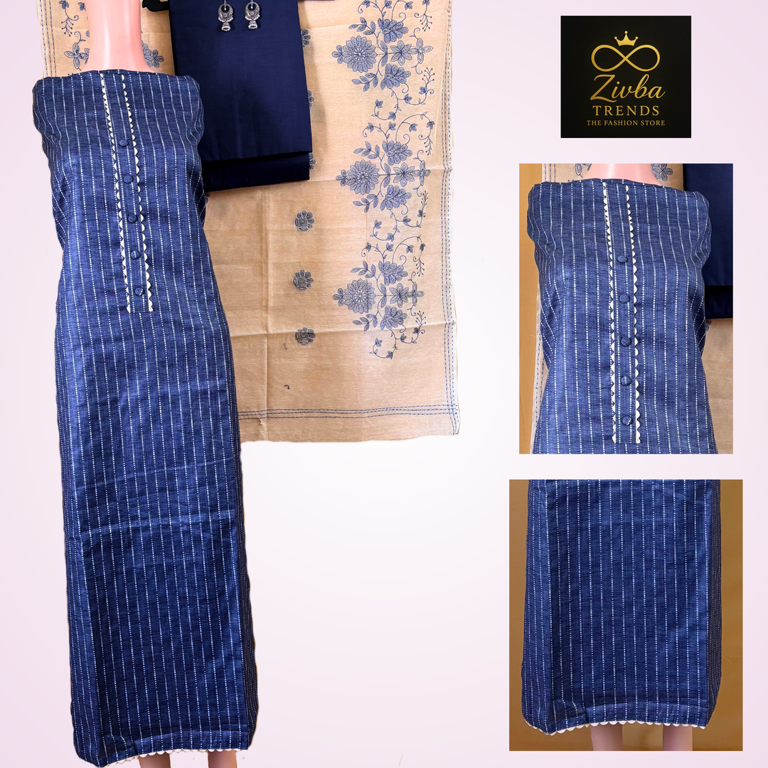 Blue Cotton Weaving Work Unstitched Suit Set
