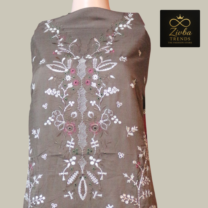 Coffee Brown Embroidered Unstitched Suit Set