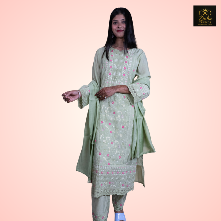 Pista Mul Embroidery Cut Work Suit Set