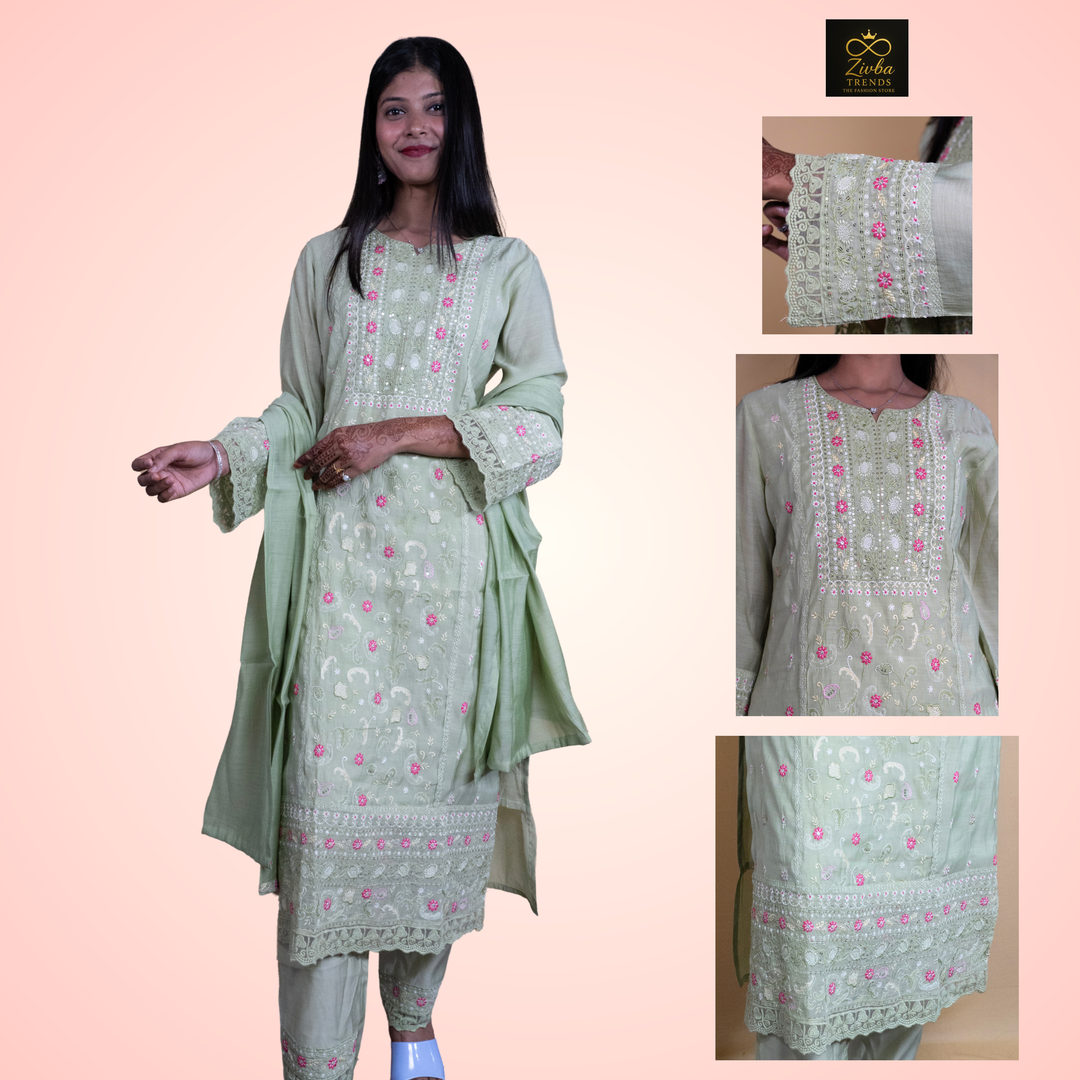 Pista Mul Embroidery Cut Work Suit Set