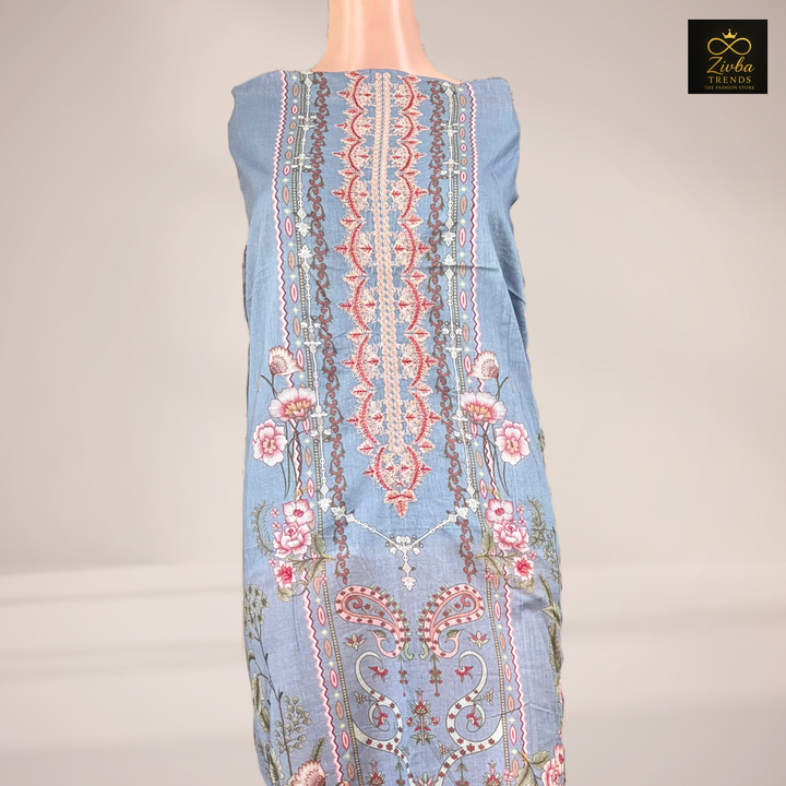 Light Sky Blue Printed Suit Set with Embroidered Neck Work
