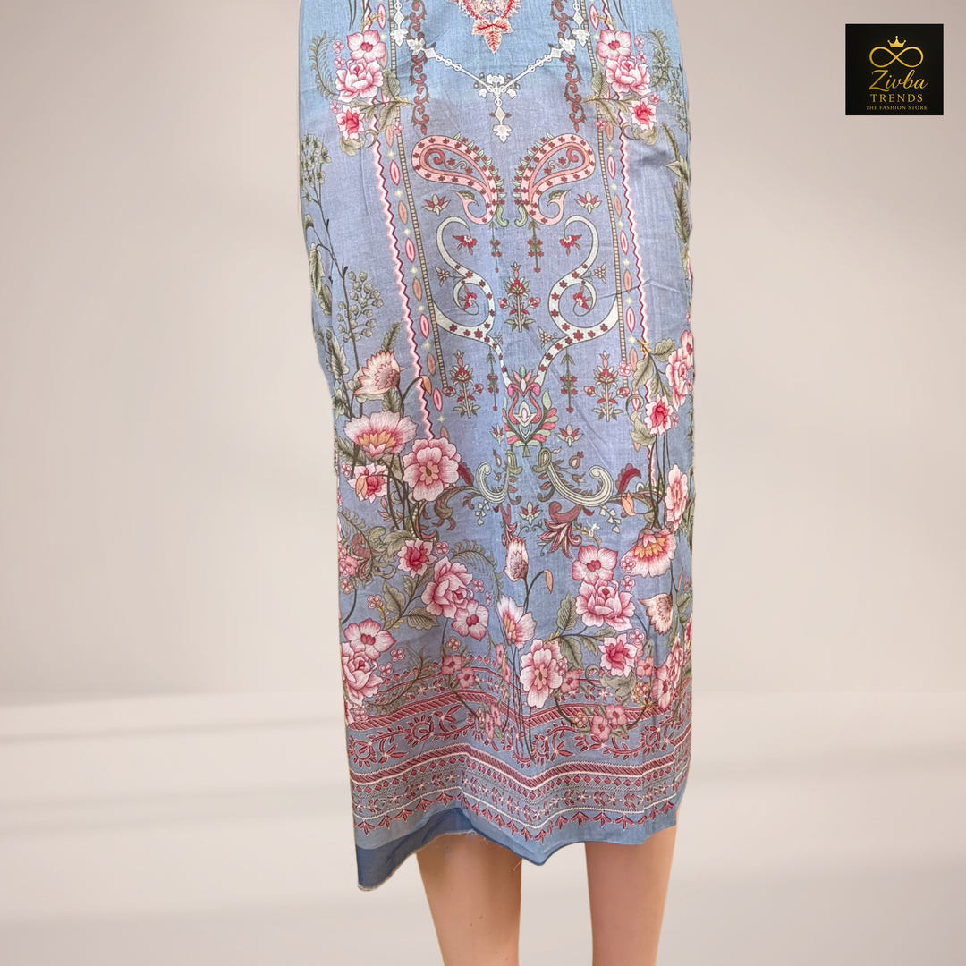 Light Sky Blue Printed Suit Set with Embroidered Neck Work