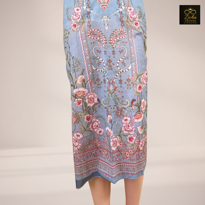 Light Sky Blue Printed Suit Set with Embroidered Neck Work