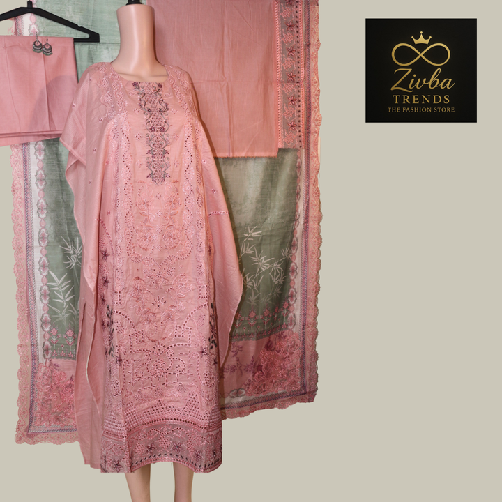 Peach Pink &amp; Pista Green Embroidered Suit Set with Tissue Detailing