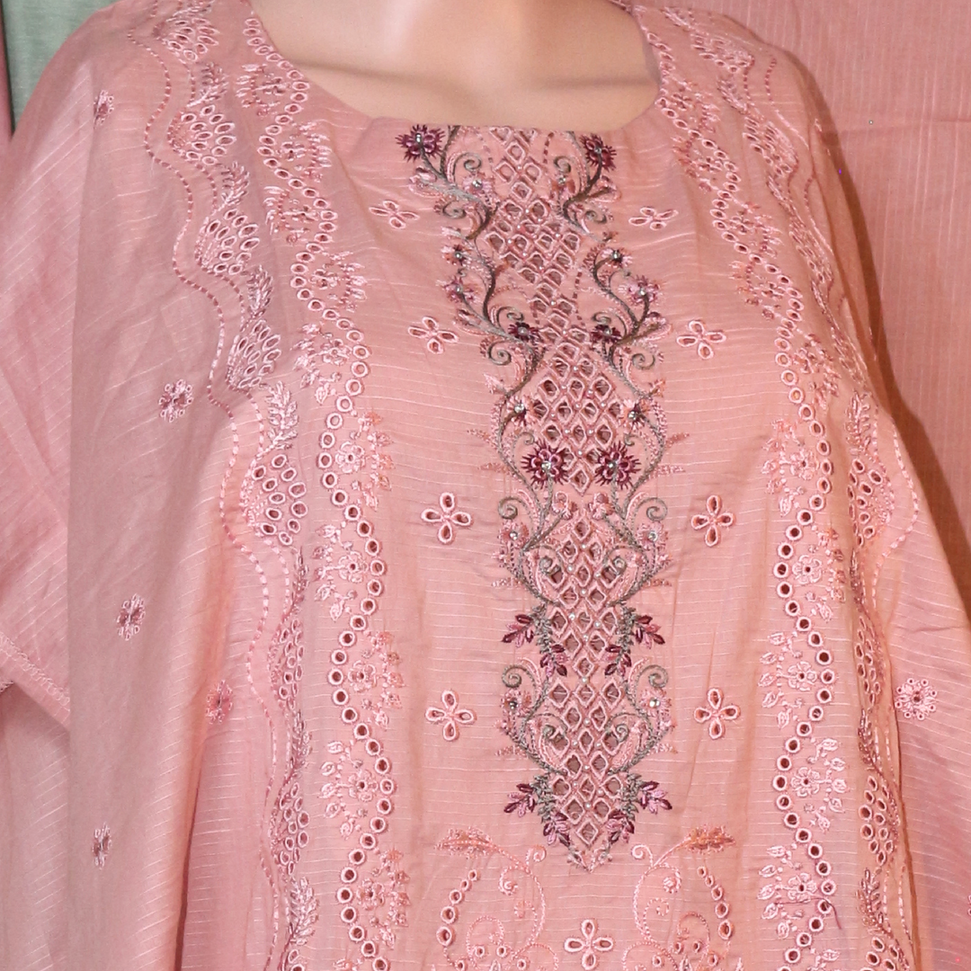 Peach Pink &amp; Pista Green Embroidered Suit Set with Tissue Detailing