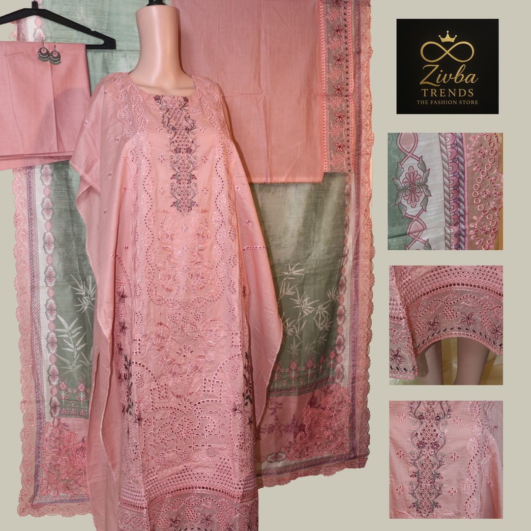 Peach Pink &amp; Pista Green Embroidered Suit Set with Tissue Detailing