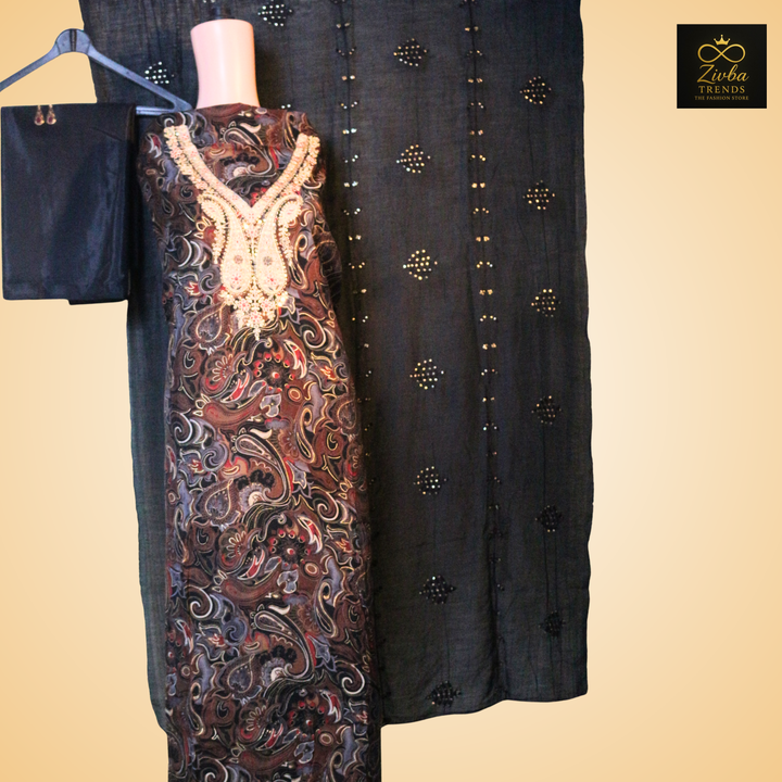 Black Foil Print Kurta Set with Embroidered Neck & Sequence Dupatta