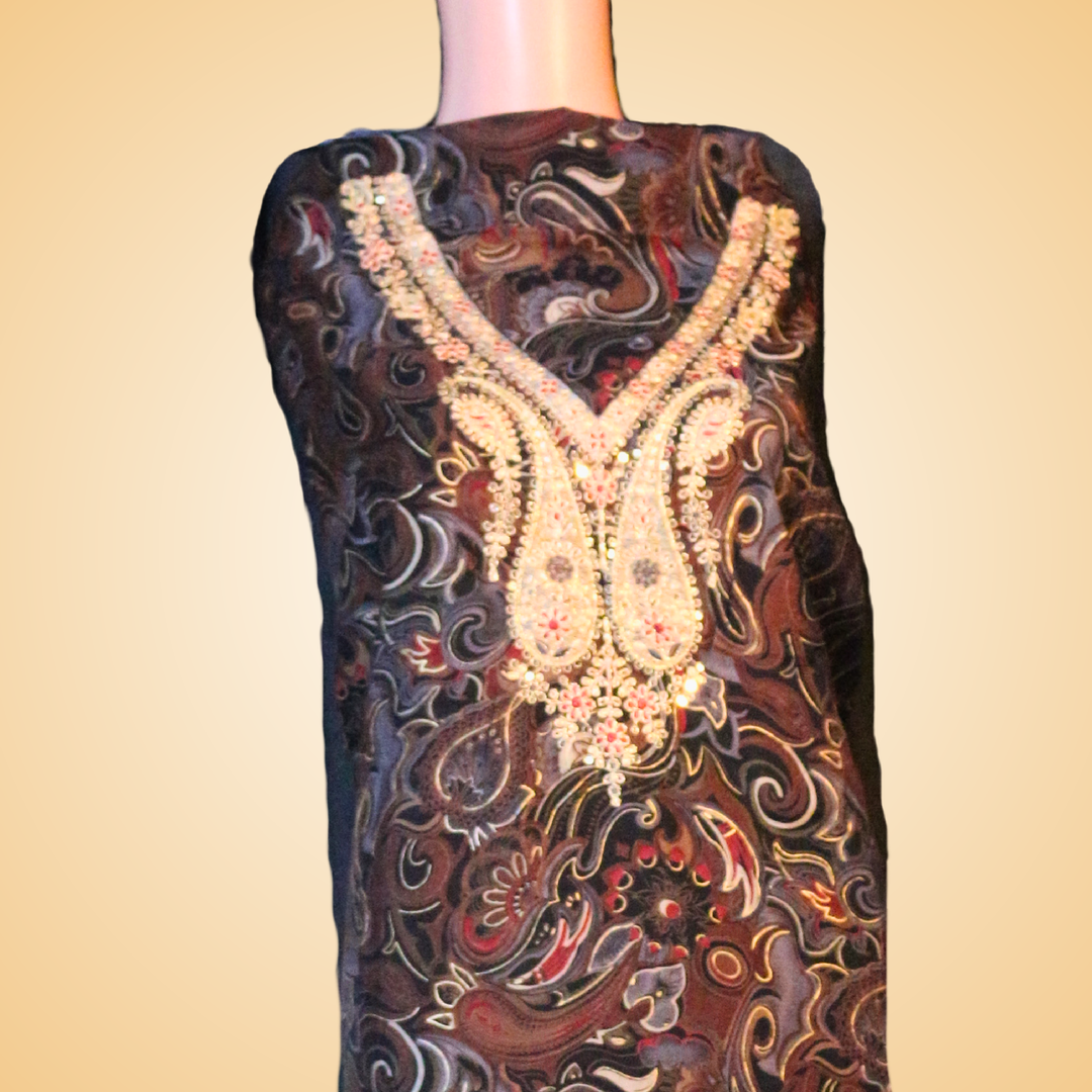 Black Foil Print Kurta Set with Embroidered Neck & Sequence Dupatta