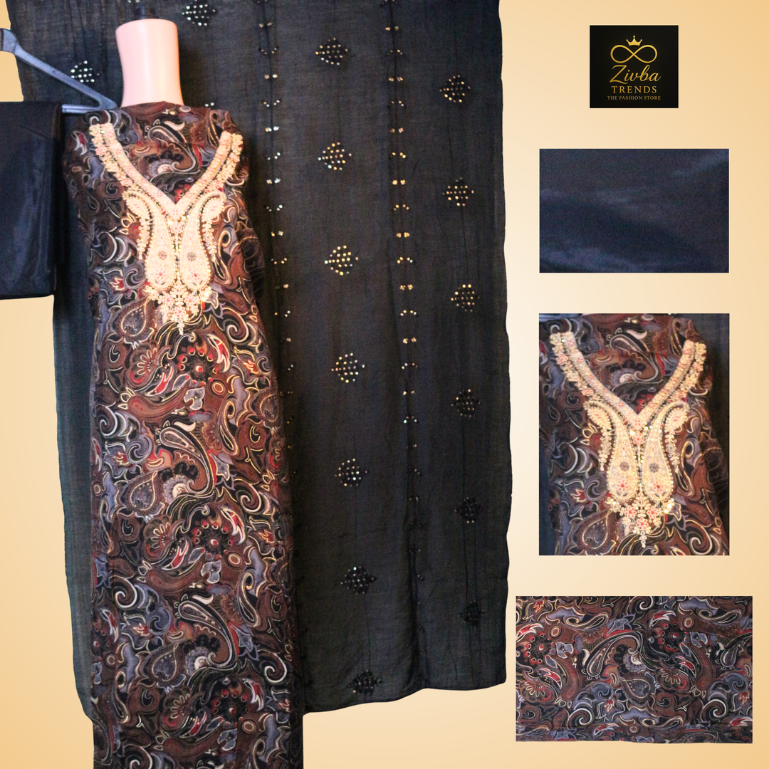 Black Foil Print Kurta Set with Embroidered Neck & Sequence Dupatta