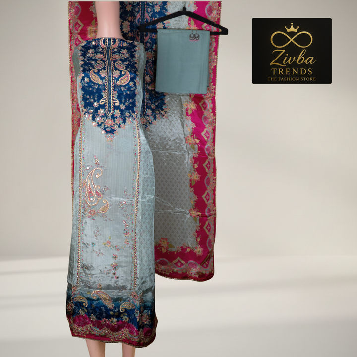 Gray blue stone Semi Silk Gota & Stone Work Suit Set