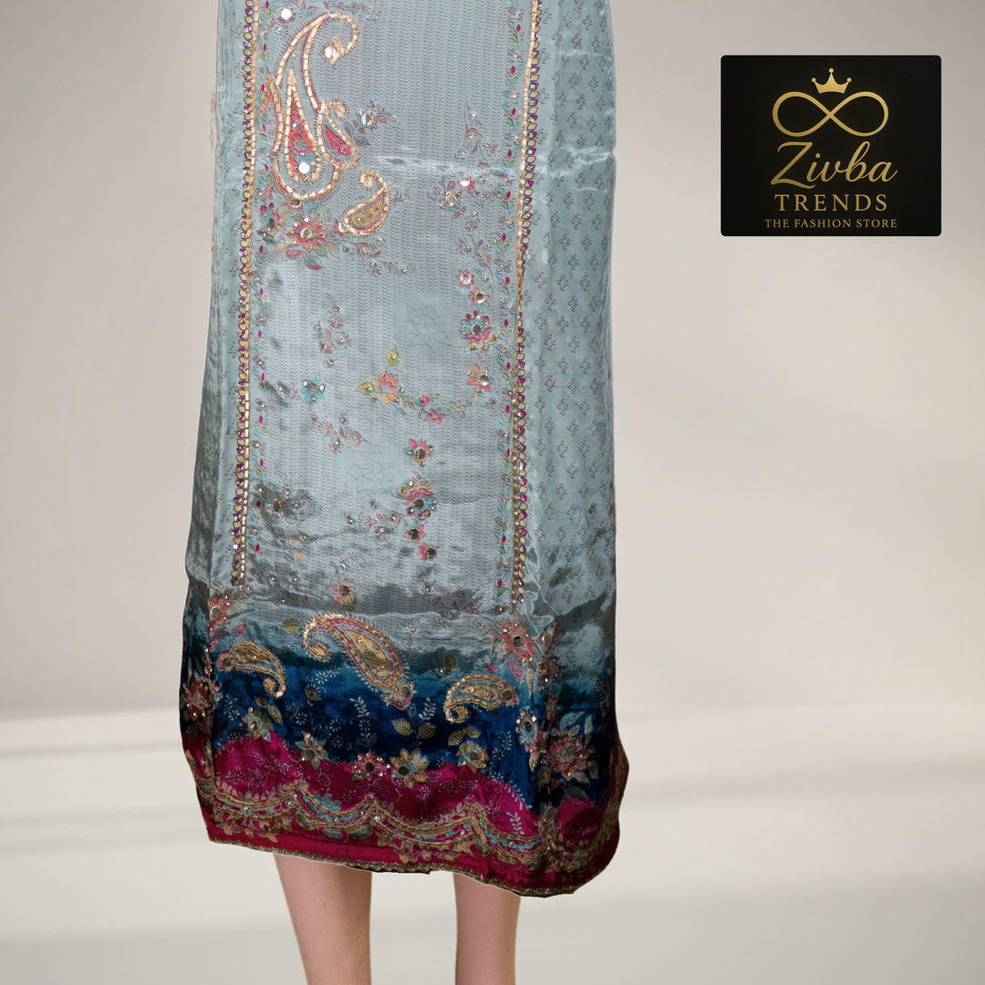 Gray blue stone Semi Silk Gota & Stone Work Suit Set