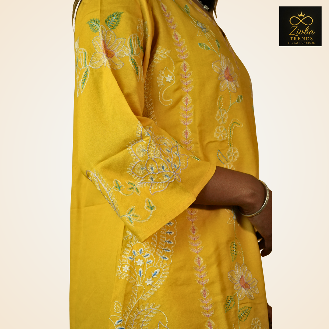 पीला बहुरंगी कढ़ाई वाला रॉन कॉटन को-ऑर्ड सेट