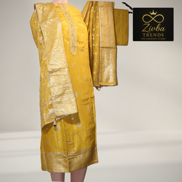 Banarasi Silk Suit Set – Kurta, Dupatta & Plain Bottom