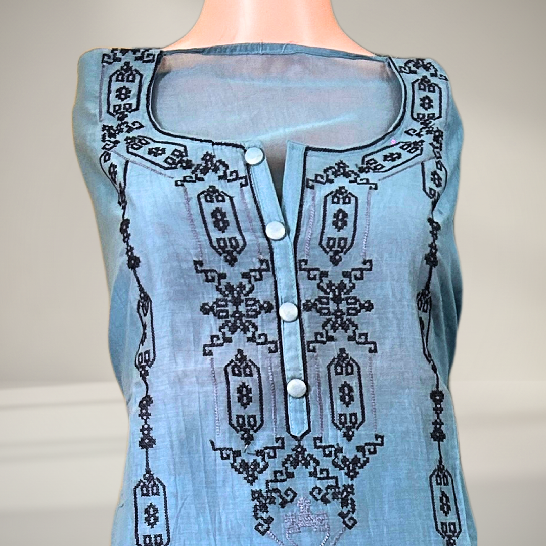 Sky Blue Mul Chanderi Hand-Embroidered Suit Set