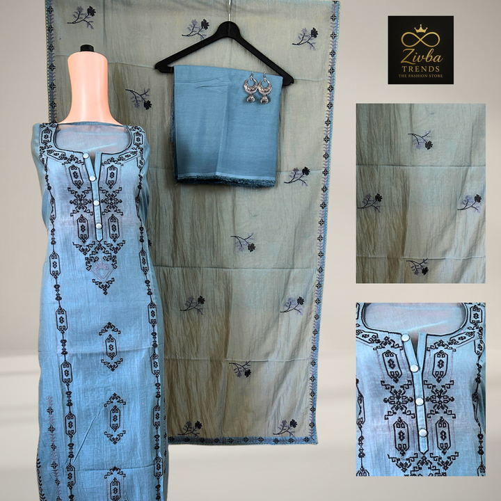 Sky Blue Mul Chanderi Hand-Embroidered Suit Set