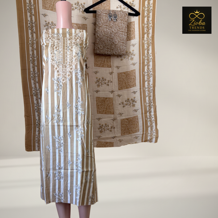 Skin Colour Printed Suit Set with Thread Embroidery
