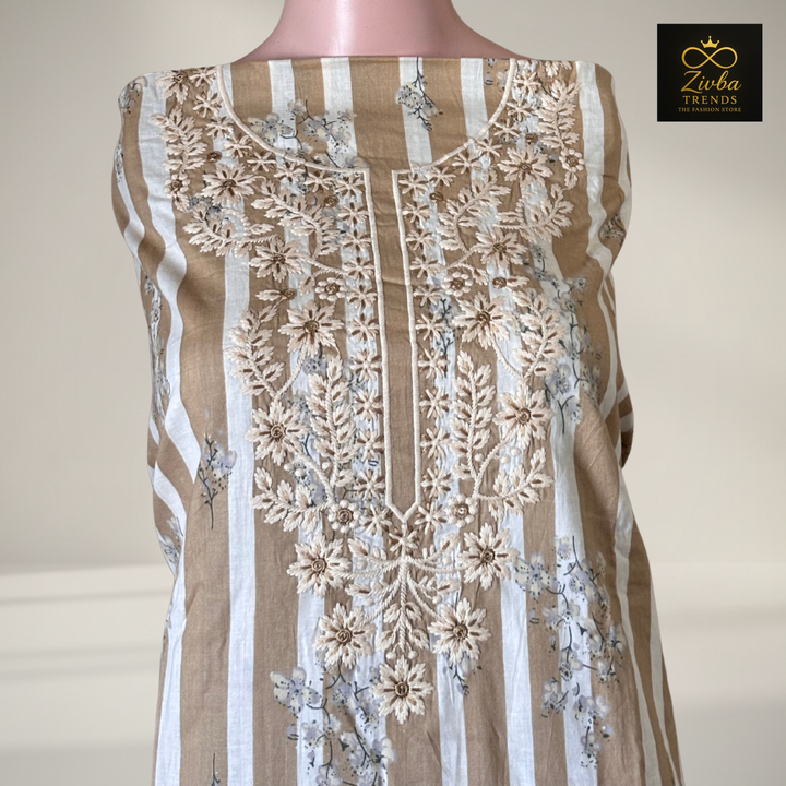 Skin Colour Printed Suit Set with Thread Embroidery