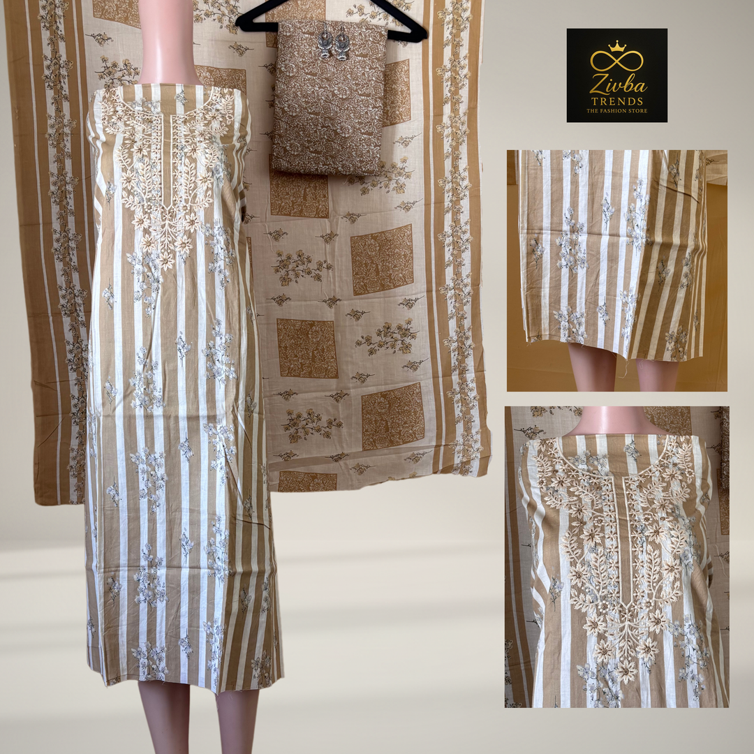 Skin Colour Printed Suit Set with Thread Embroidery