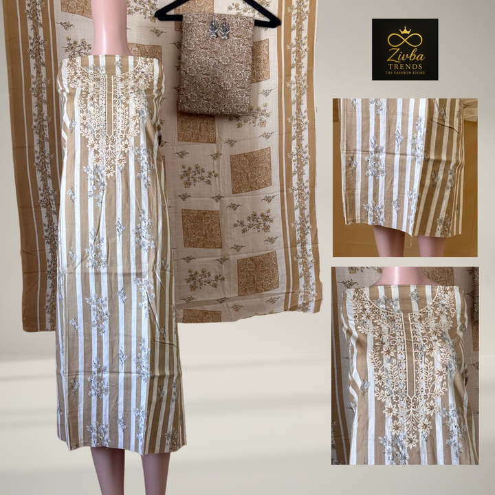 Skin Colour Printed Suit Set with Thread Embroidery