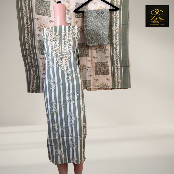 Pista Green Printed Suit Set with Thread Embroidery